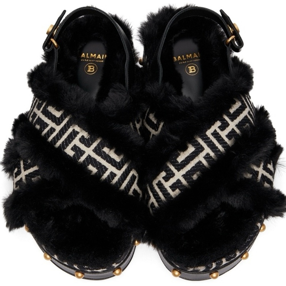 NIB Balmain Fur Monogram Slides